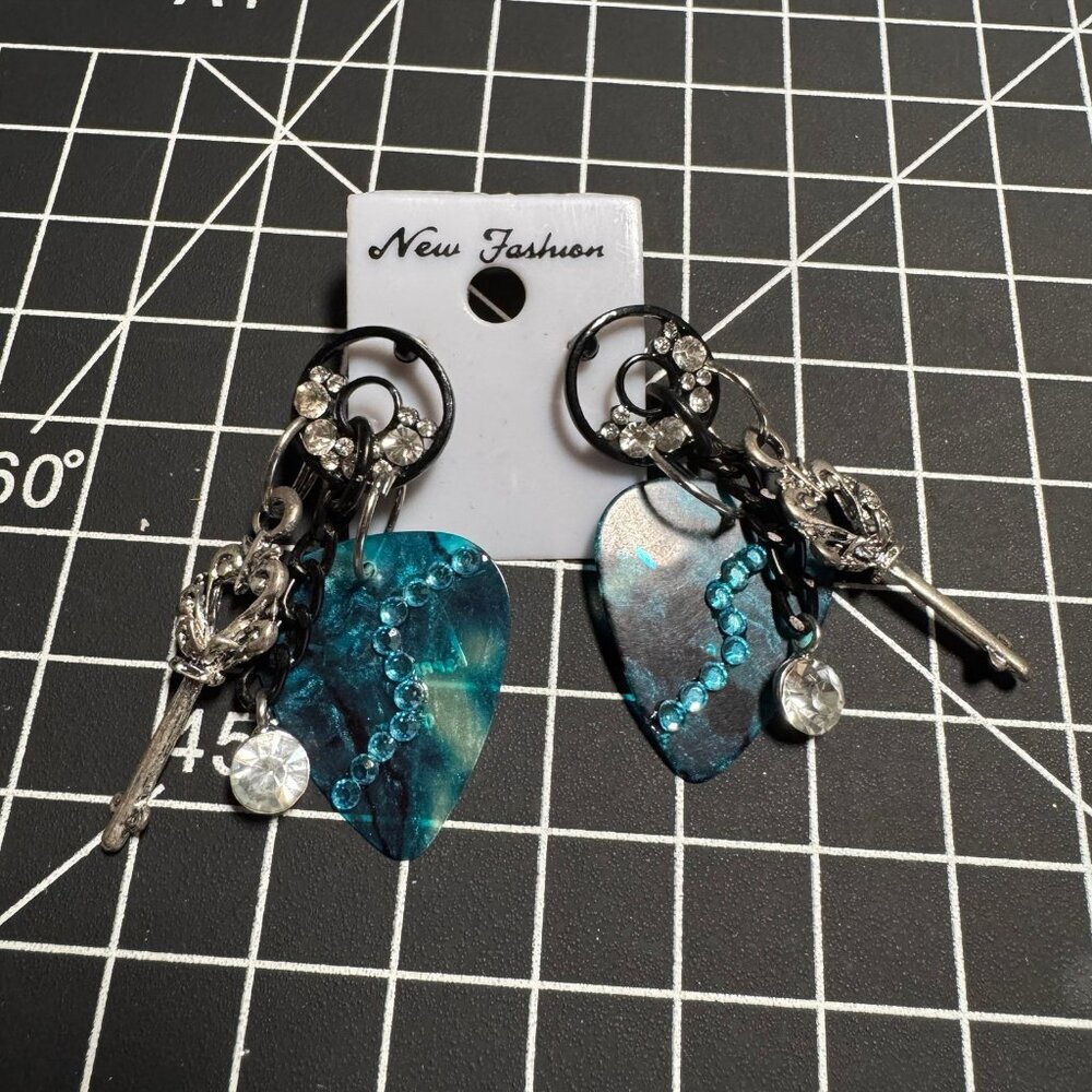 Black and blue rhinestone guitar pick crystals key dangling earrings